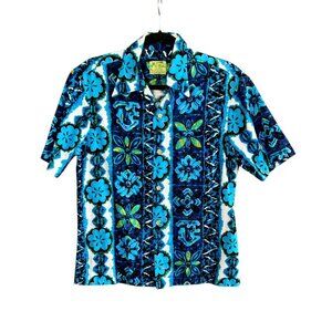 Ui-Maikai Vintage 70s Hawaiian Barkcloth Blue Tribal Print Shirt Size Medium